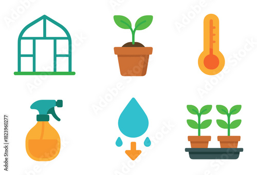 Colorful icons for gardening featuring plants, thermometer, water droplet, and sprayer