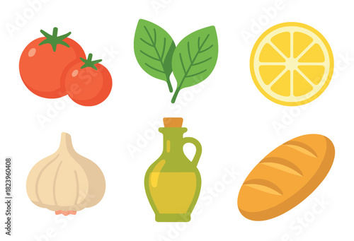 Colorful icons of tomatoes, basil, lemon, garlic, olive oil, and bread