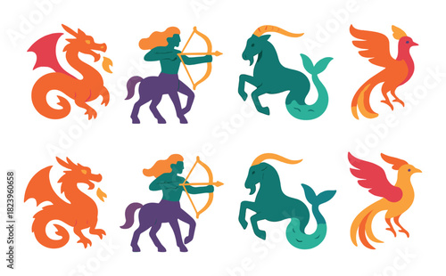 Vibrant zodiac symbols featuring dragon, centaur, capricorn, and phoenix