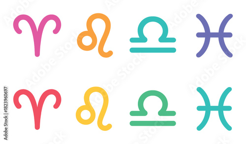 Glowing zodiac symbols: aries, leo, libra, pisces in neon colors