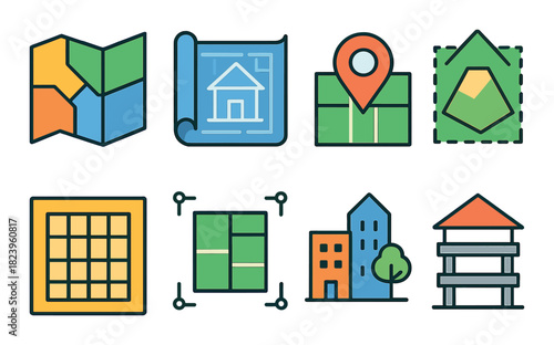 Colorful land development icons with maps and buildings