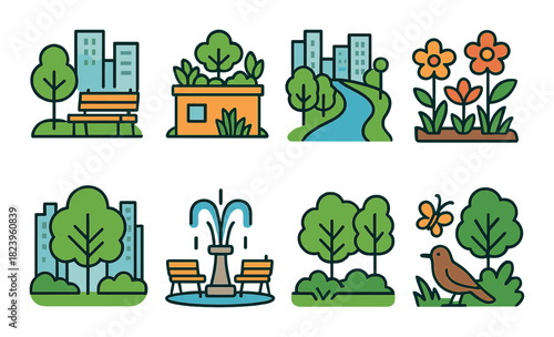 Eco-friendly urban park icons: nature, trees, flowers, and wildlife illustration
