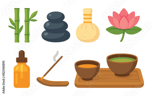 Zen elements: bamboo, stones, herbal compress, lotus, aromatherapy, tea ceremony