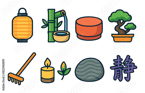 Japanese zen icons: lantern, bamboo, tea, bonsai, rake, candle, rock, calm kanji