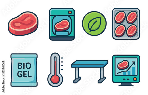 Icon set: meat processing and storage with eco-friendly focus