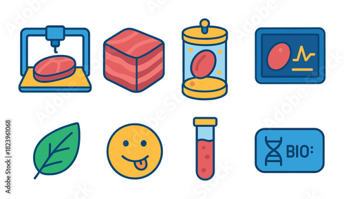 Cultured meat icons: 3d printing, lab-grown food, sustainability and biotechnology