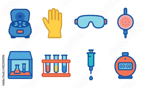 Colorful laboratory equipment icons featuring glove, goggles, and test tubes