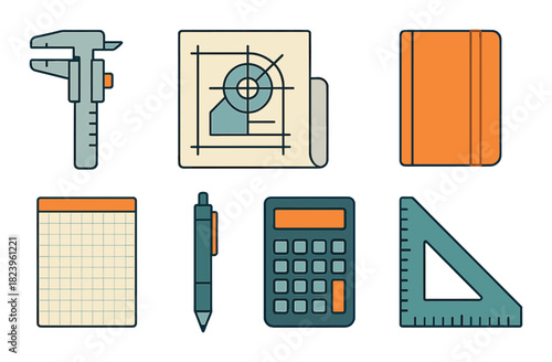 Engineering tools icons set: caliper, blueprint, notebook, grid pad, pen, calculator, triangle ruler