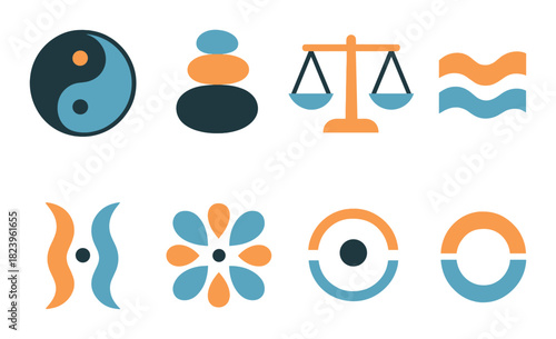 Glowing abstract balance symbols with yin yang and scales in blue and orange