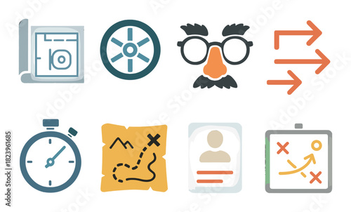 Colorful icon set featuring navigation map, stopwatch, and planning chart