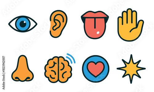 Colorful icons representing five senses and emotions