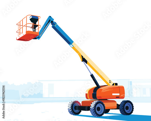Orange articulating boom lift with basket on white background