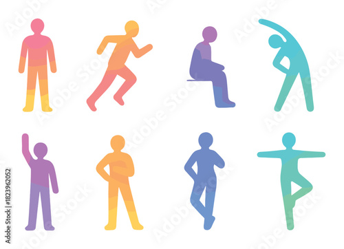 Colorful neon silhouettes in various poses on black background