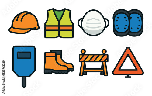 Essential safety gear icons: helmet, vest, mask, knee pads, welding helmet, boots, barrier, triangle