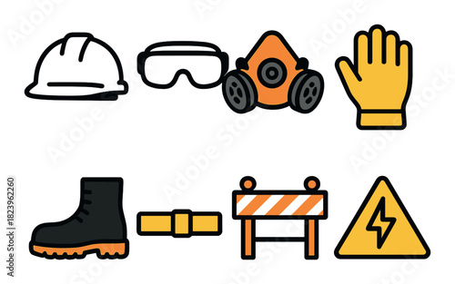 Essential safety equipment icons: helmet, goggles, respirator, gloves, boots, belt, barrier, warning sign
