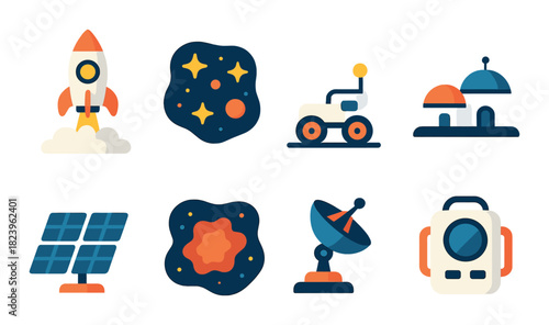 Futuristic space exploration icons featuring rocket, stars, rover, solar panel, satellite, spacesuit