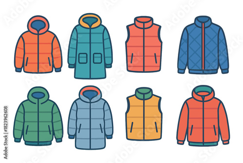 Colorful collection of warm winter jackets and vests in various styles