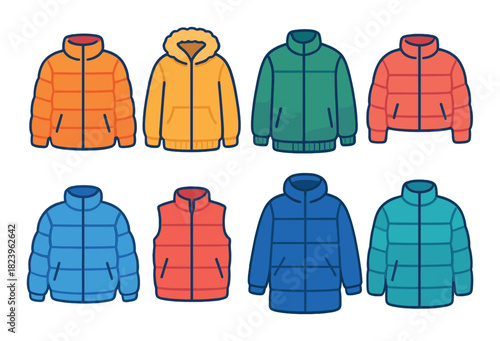 Colorful winter jacket collection illustrations on gradient background