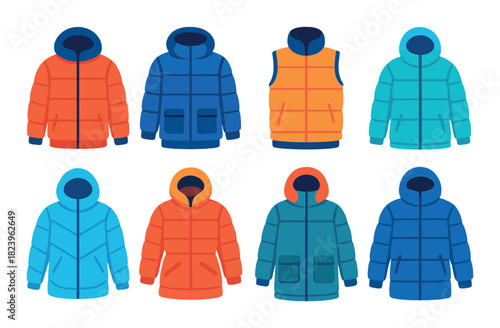 Collection of colorful winter jackets and vests in various styles