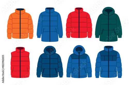 Colorful outerwear collection: jackets and vests in bright shades with hood and zipper designs