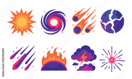 Vibrant cosmic elements featuring sun, galaxy, meteors, and planetary illustrations