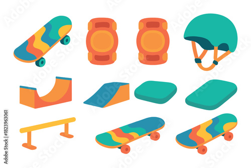 Vibrant skateboarding gear set featuring helmets, knee pads, ramps, and colorful skateboards