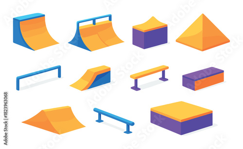 Colorful neon skatepark ramps and rails set on gradient background