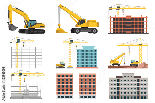 Construction site with various heavy machinery and building progress