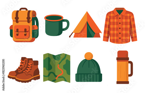 Camping equipment icons with backpack, tent, boots, and more