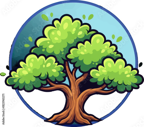 Vibrant cartoon tree with lush green leaves and sturdy brown trunk.