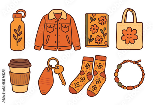 Autumn accessories collection: jacket, tote, journal, socks, keychain, bracelet, drink bottle