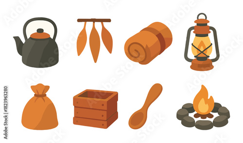 Camping gear icons: teapot, lantern, fire, sleeping bag, spoon, dreamcatcher, bag, box