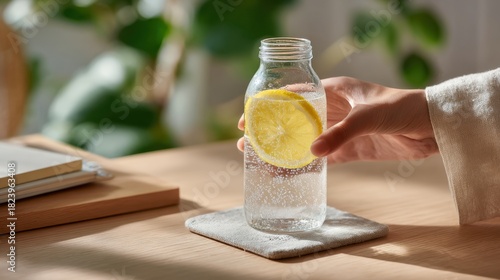 Refreshing Lemon Water in Glass Bottle on Desk with Hand - Tranquil Workspace