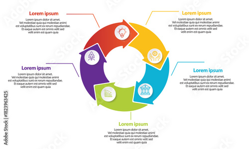 Collection of vector circle chart infographic templates for presentations, advertising, layouts, annual reports. 5 options, steps, parts	