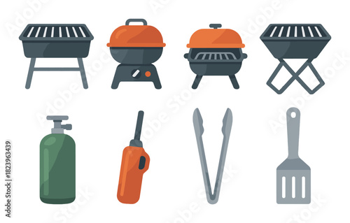 Assorted grills and bbq tools collection with gas bottle and utensils