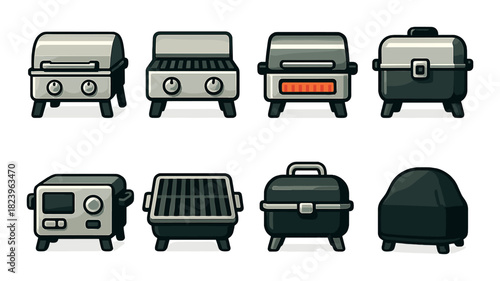 Variety of cartoon grills and barbecue equipment in stylish brown