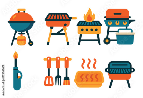 Colorful barbecue icons collection: grills, burners, utensils