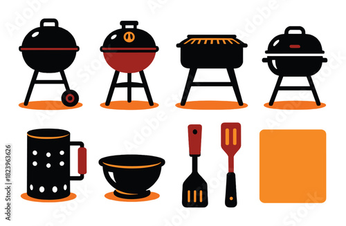 Variety of bbq grills and utensils on orange background