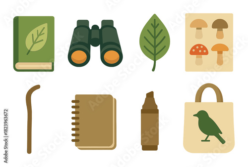 Nature exploration icons set featuring binoculars, book, leaf, mushrooms, and bird tote