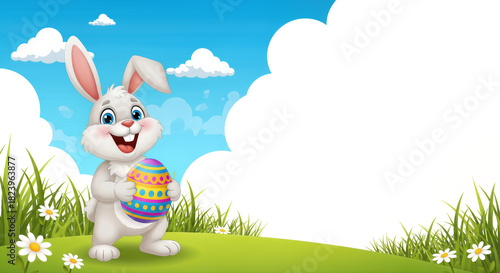 Cute, smiling Easter Bunny cartoon character holding a colorful patterned egg on a grassy hill with blue sky and copy space, symbolizing spring celebration.