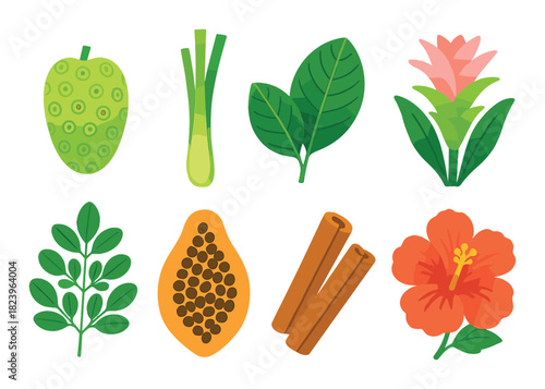 Vibrant tropical fruits and plants with papaya, leaves, and hibiscus blossom