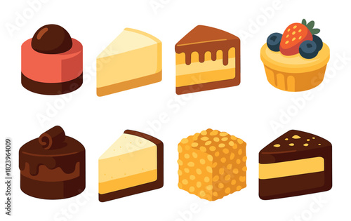 Illustrated assortment of colorful cakes and desserts