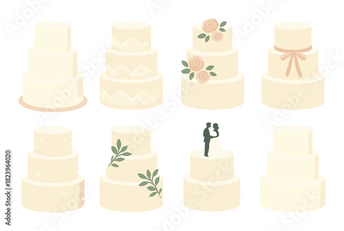 Elegant wedding cakes with floral and decorative designs in various styles