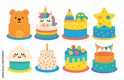 Colorful cartoon birthday cakes with animal and rainbow designs