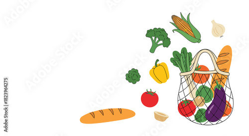 Reusable mesh grocery bag full of fresh vegetables and bread promoting a zero waste and healthy eating lifestyle with copy space.