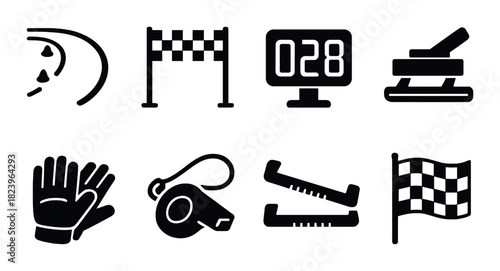 Racing and sports equipment icons with black background