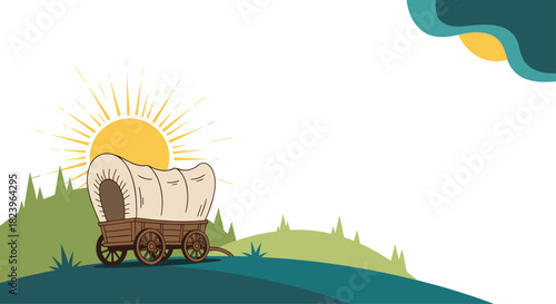 Vintage illustration of a covered wagon on a green hill with a rising sun in a retro style for an adventure or history theme.