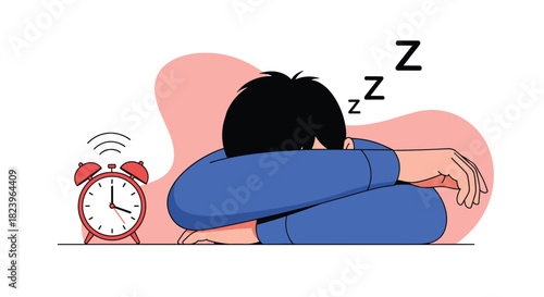 Tired person sleeping at a desk with a ringing alarm clock illustrating burnout fatigue or procrastination on a white background.
