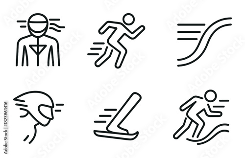 Dynamic sports icons: cycling, running, skiing, surfing, speed lines