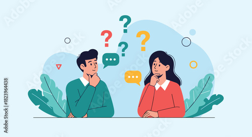 Man and woman thinking with question marks and speech bubbles above their heads illustrating a problem solving or FAQ concept.